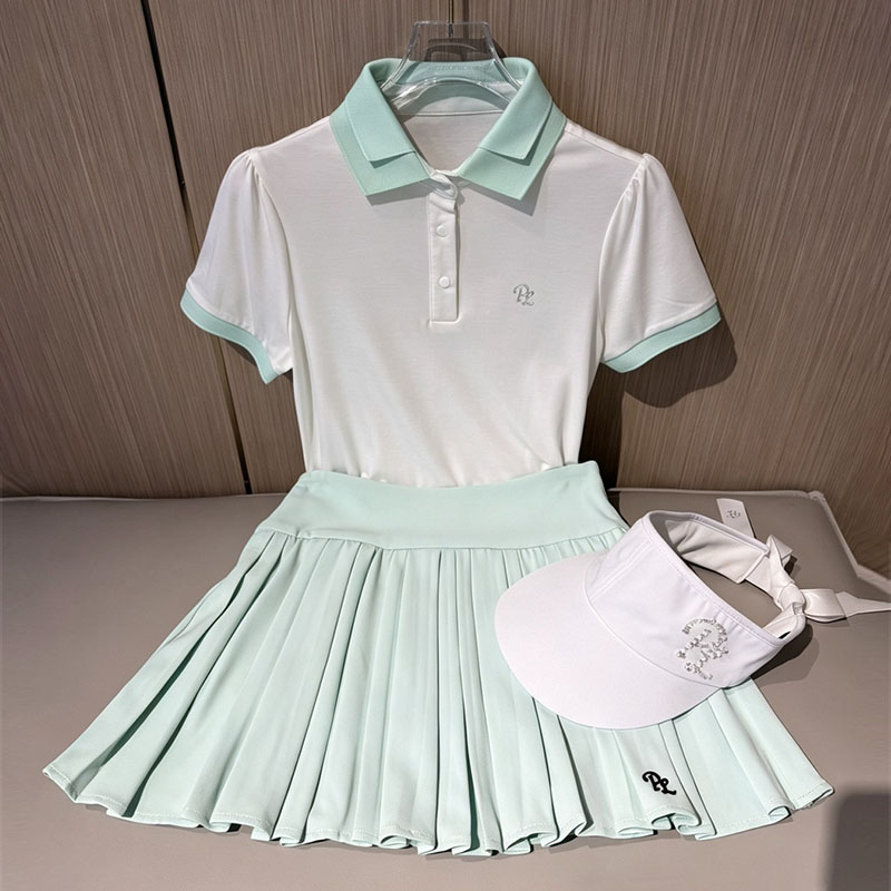 Golf Equipment For Women - PL ゴルフダブルカラーポロシャツ女性用半袖弾性トップス通気性レジャー Tシャツレディプリーツスカートテニススコート